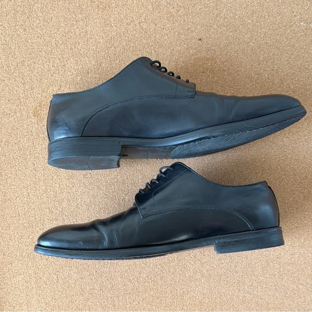 Mens Black Leather Lace Up Derby Dress Shoes Plain‎ Toe 10.5 To Boot NY Italy